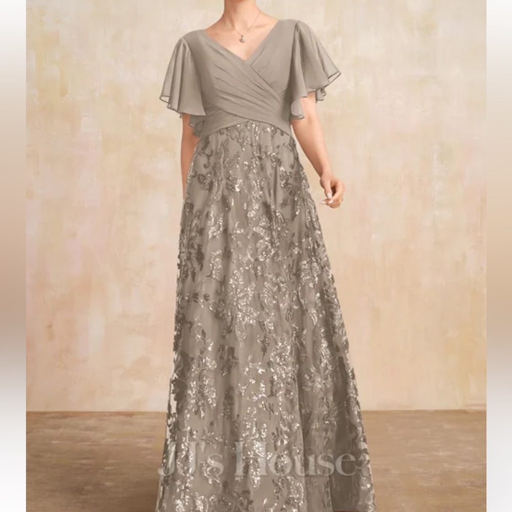 A-line V-Neck Floor-Length Lace Sequin Mother of the Bride Dress Taupe.
